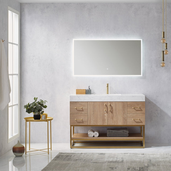 Vinnova Alistair 48" Single Vanity in North American Oak with White Grain Stone Countertop With Mirror
