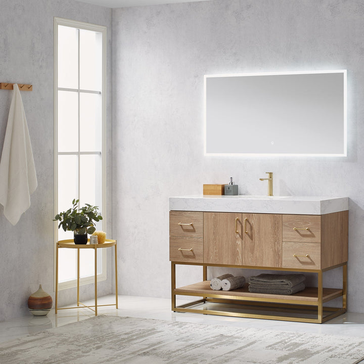 Vinnova Alistair 48" Single Vanity in North American Oak with White Grain Stone Countertop With Mirror