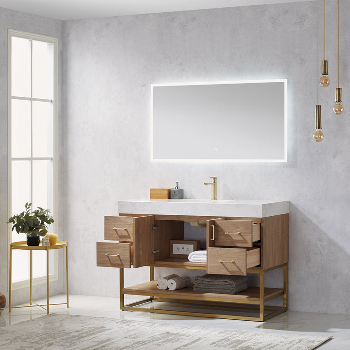 Vinnova Alistair 48" Single Vanity in North American Oak with White Grain Stone Countertop With Mirror