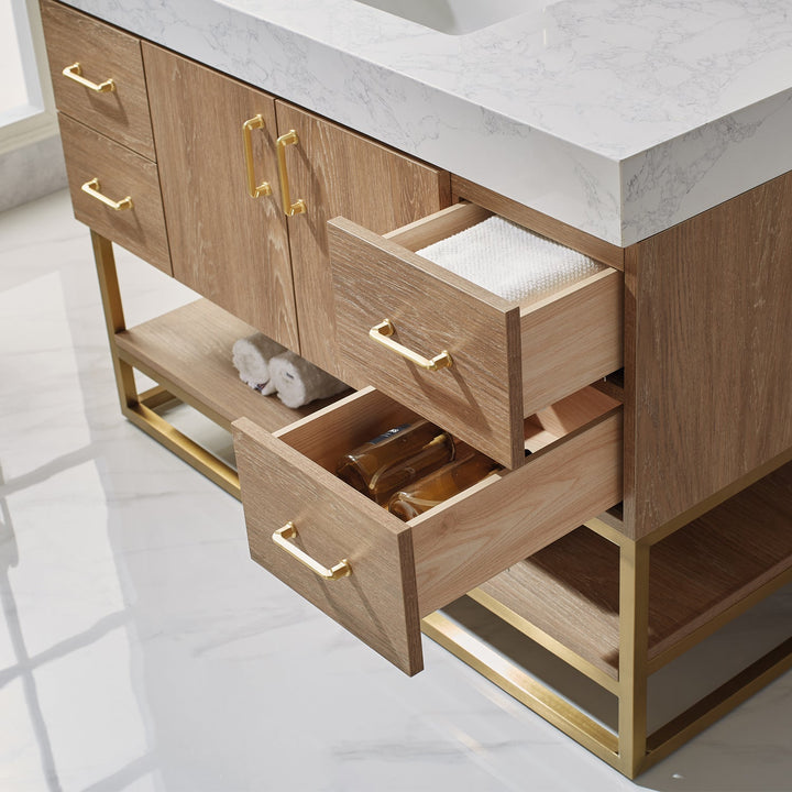 Vinnova Alistair 48" Single Vanity in North American Oak with White Grain Stone Countertop With Mirror