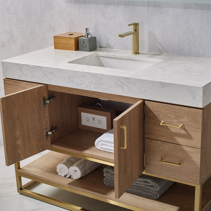 Vinnova Alistair 48" Single Vanity in North American Oak with White Grain Stone Countertop With Mirror