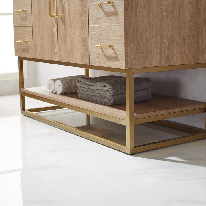 Vinnova Alistair 48" Single Vanity in North American Oak with White Grain Stone Countertop With Mirror