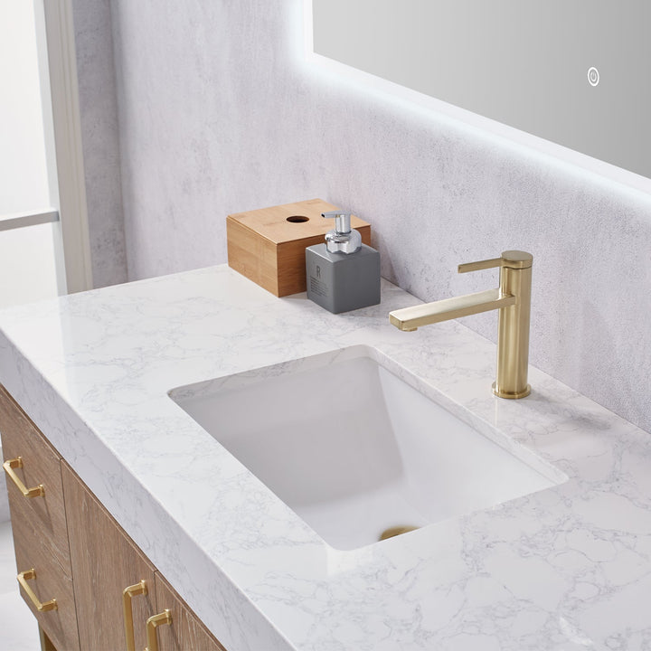 Vinnova Alistair 48" Single Vanity in North American Oak with White Grain Stone Countertop With Mirror