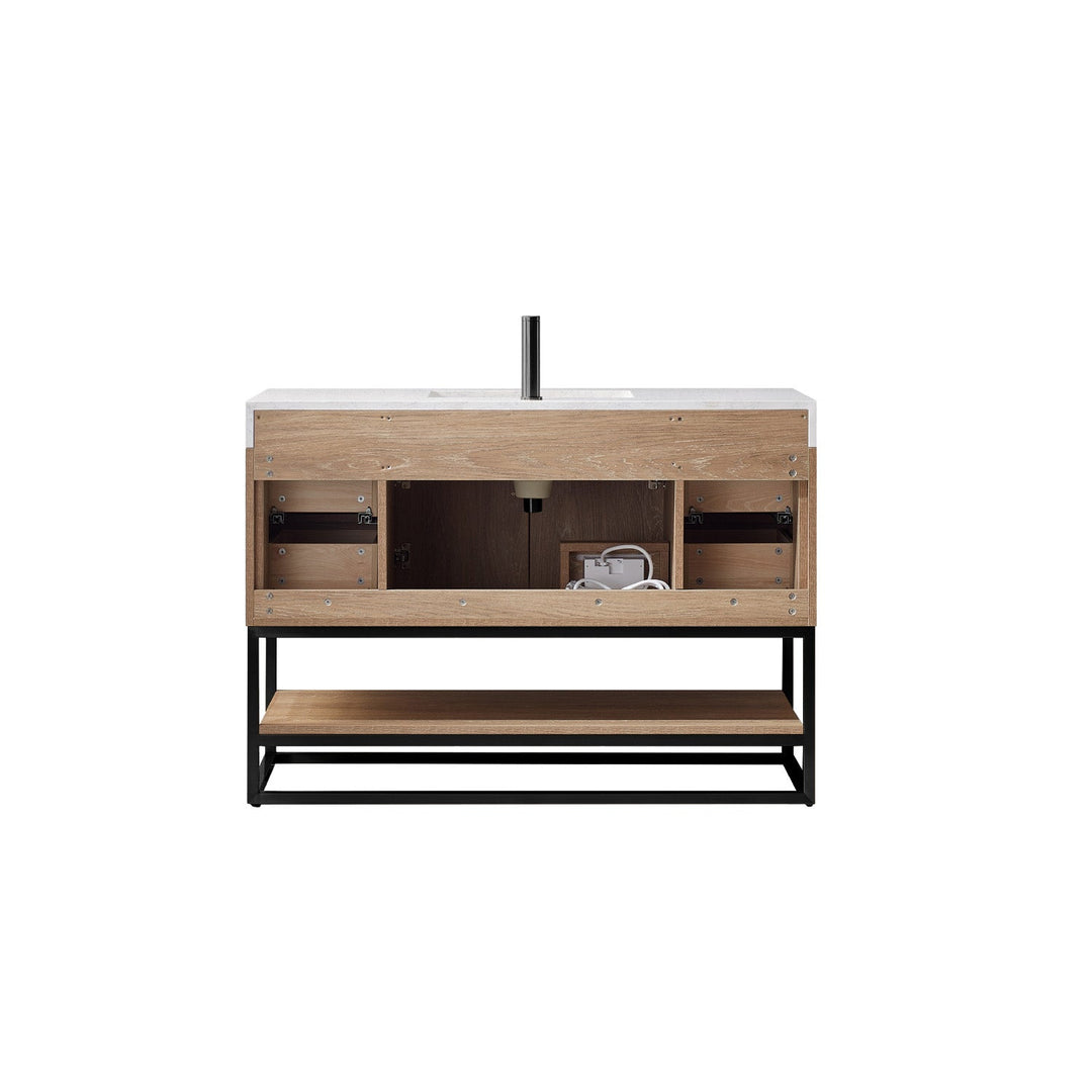 Vinnova Alistair 48B" Single Vanity in North American Oak with White Grain Stone Countertop Without Mirror