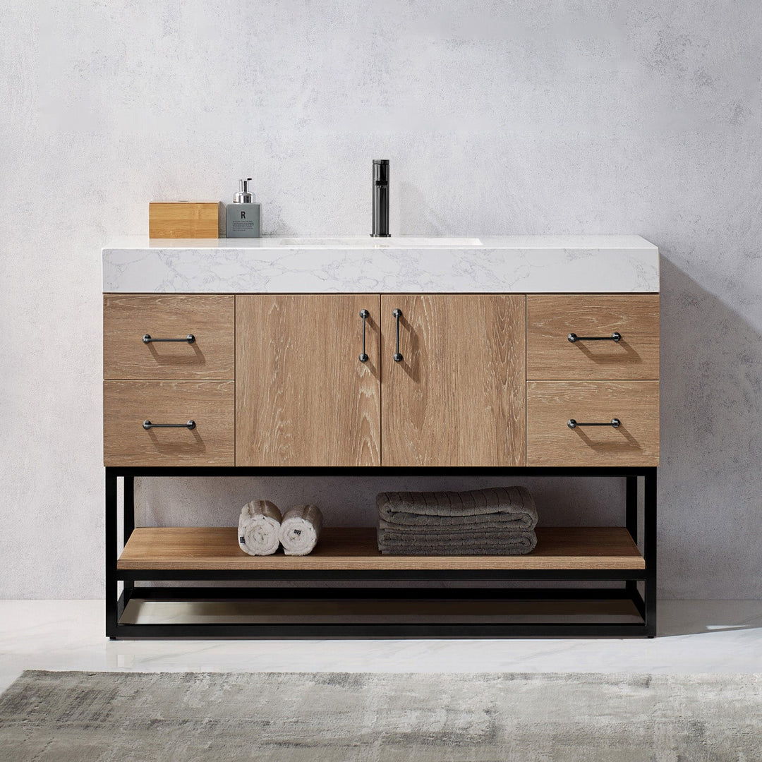Vinnova Alistair 48B" Single Vanity in North American Oak with White Grain Stone Countertop Without Mirror