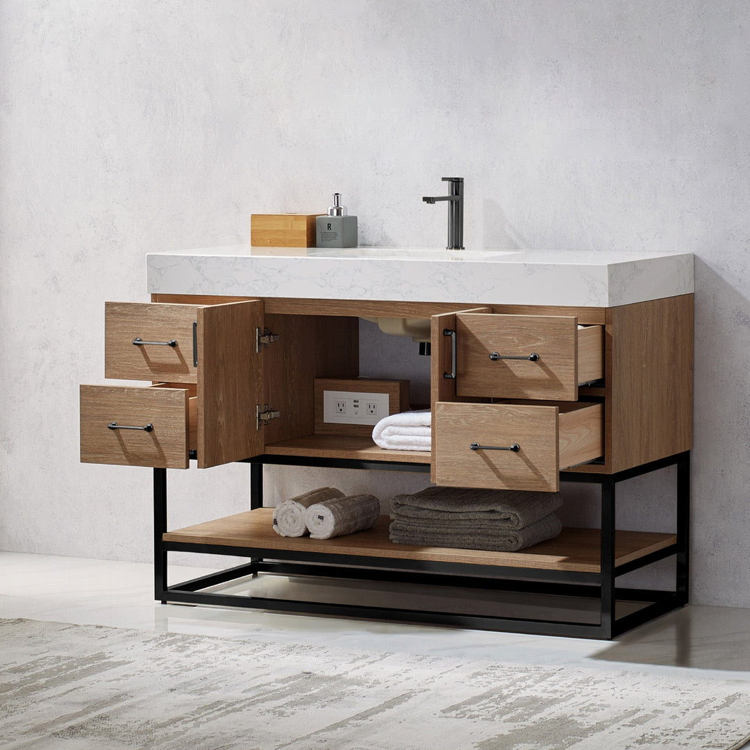 Vinnova Alistair 48B" Single Vanity in North American Oak with White Grain Stone Countertop Without Mirror