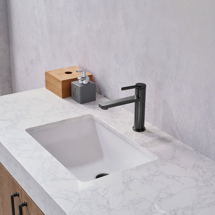Vinnova Alistair 48B" Single Vanity in North American Oak with White Grain Stone Countertop Without Mirror
