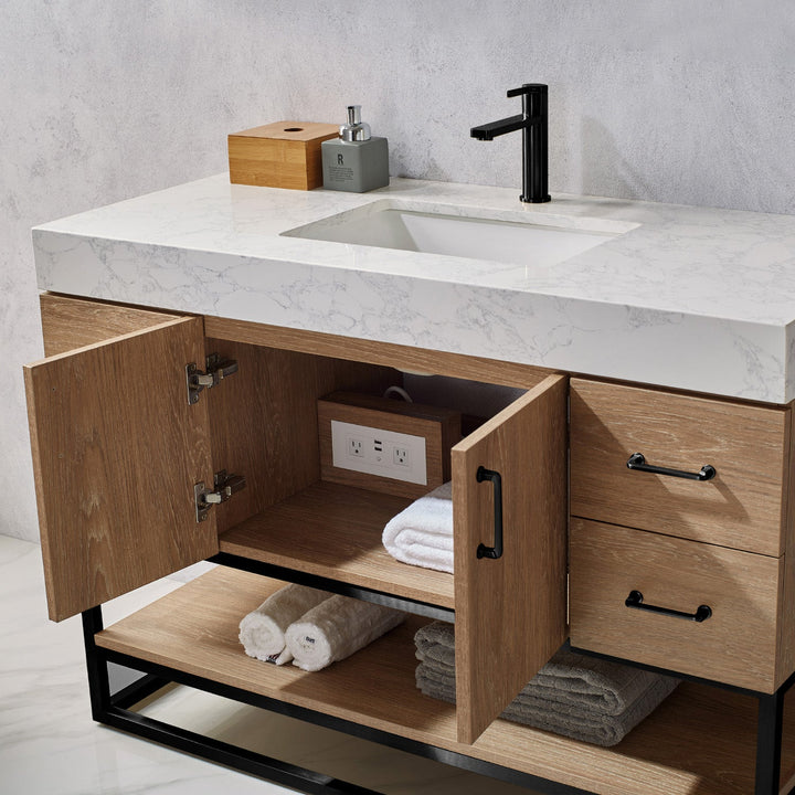 Vinnova Alistair 48B" Single Vanity in North American Oak with White Grain Stone Countertop Without Mirror