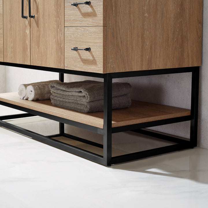 Vinnova Alistair 48B" Single Vanity in North American Oak with White Grain Stone Countertop Without Mirror
