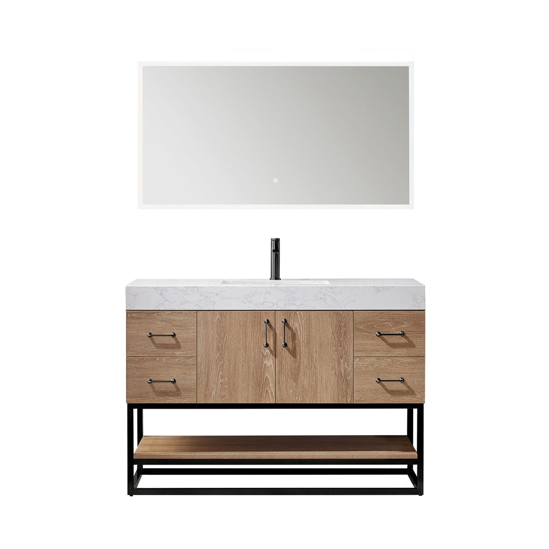 Vinnova Alistair 48B" Single Vanity in North American Oak with White Grain Stone Countertop With Mirror