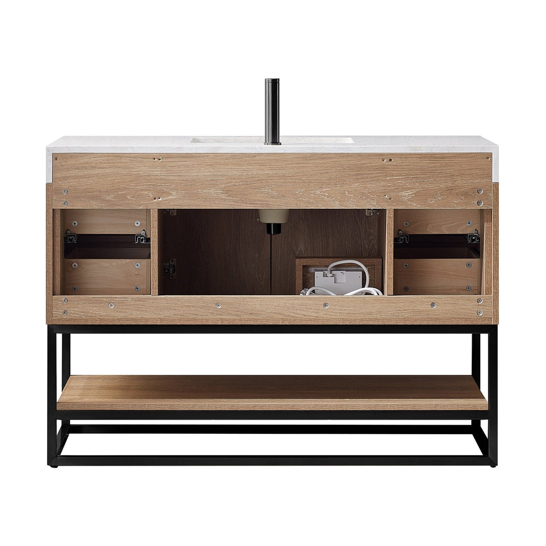 Vinnova Alistair 48B" Single Vanity in North American Oak with White Grain Stone Countertop With Mirror