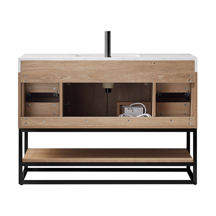 Vinnova Alistair 48B" Single Vanity in North American Oak with White Grain Stone Countertop With Mirror