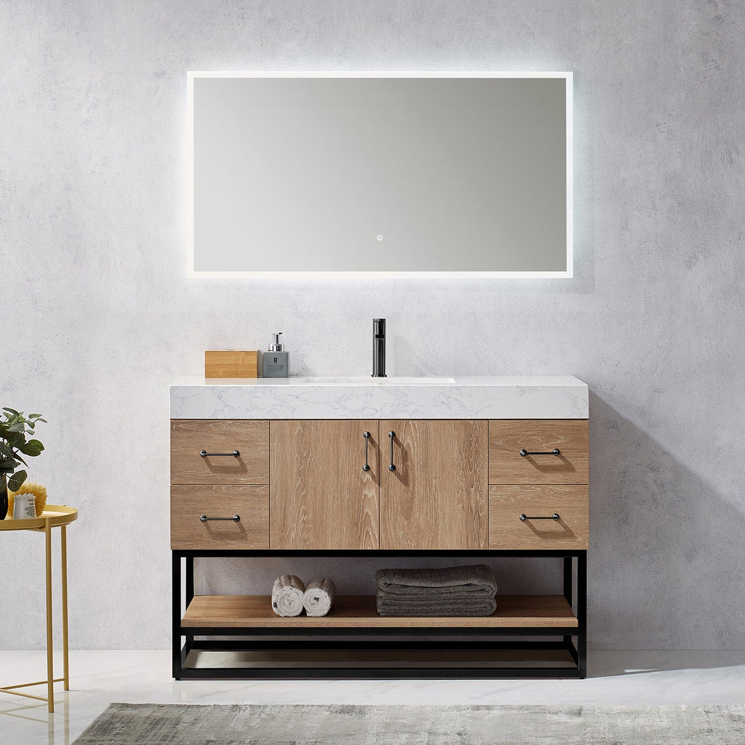 Vinnova Alistair 48B" Single Vanity in North American Oak with White Grain Stone Countertop With Mirror