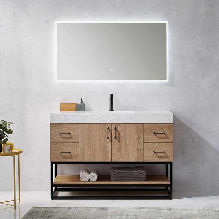 Vinnova Alistair 48B" Single Vanity in North American Oak with White Grain Stone Countertop With Mirror