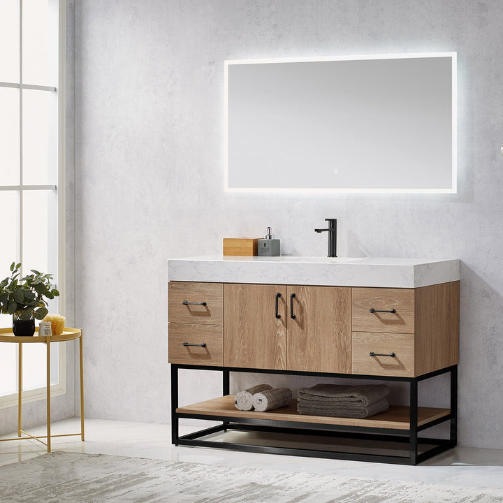 Vinnova Alistair 48B" Single Vanity in North American Oak with White Grain Stone Countertop With Mirror
