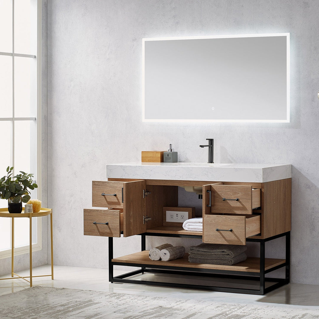 Vinnova Alistair 48B" Single Vanity in North American Oak with White Grain Stone Countertop With Mirror