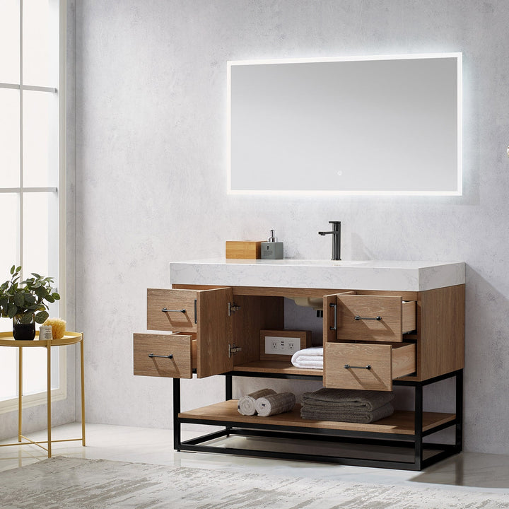 Vinnova Alistair 48B" Single Vanity in North American Oak with White Grain Stone Countertop With Mirror