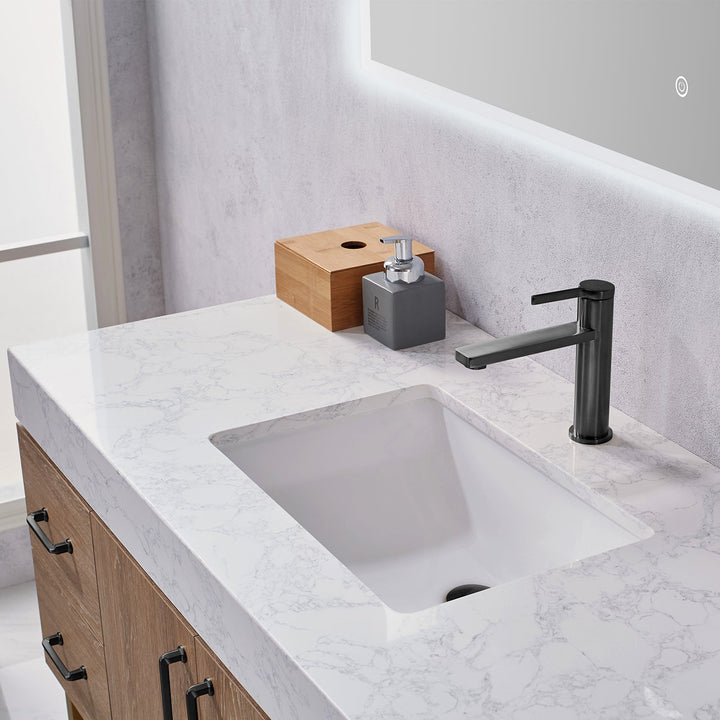 Vinnova Alistair 48B" Single Vanity in North American Oak with White Grain Stone Countertop With Mirror