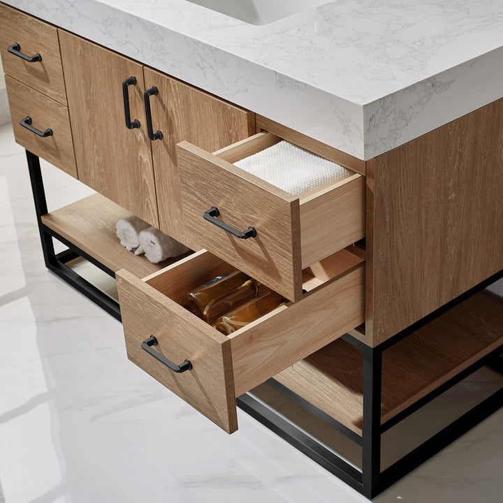 Vinnova Alistair 48B" Single Vanity in North American Oak with White Grain Stone Countertop With Mirror