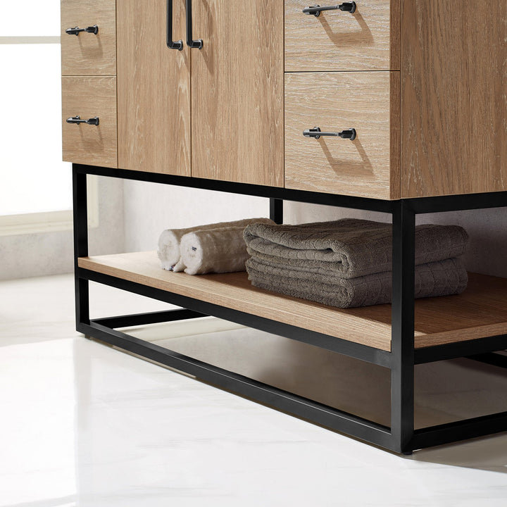 Vinnova Alistair 48B" Single Vanity in North American Oak with White Grain Stone Countertop With Mirror