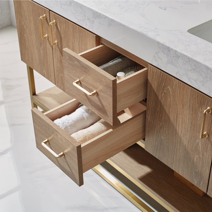 Vinnova Alistair 60" Double Vanity in North American Oak with White Grain Stone Countertop With Mirror