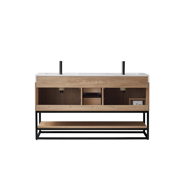 Vinnova Alistair 60B" Double Vanity in North American Oak with White Grain Stone Countertop Without Mirror