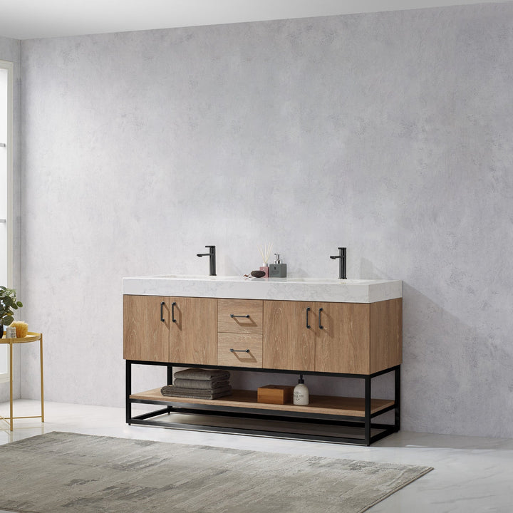 Vinnova Alistair 60B" Double Vanity in North American Oak with White Grain Stone Countertop Without Mirror