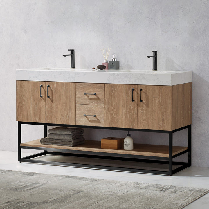 Vinnova Alistair 60B" Double Vanity in North American Oak with White Grain Stone Countertop Without Mirror