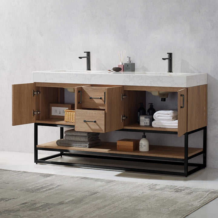 Vinnova Alistair 60B" Double Vanity in North American Oak with White Grain Stone Countertop Without Mirror