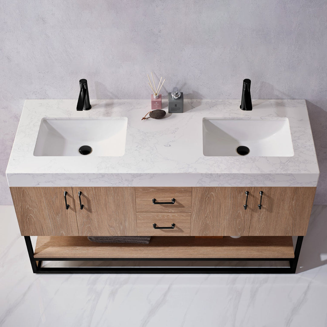Vinnova Alistair 60B" Double Vanity in North American Oak with White Grain Stone Countertop Without Mirror