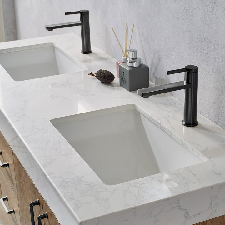 Vinnova Alistair 60B" Double Vanity in North American Oak with White Grain Stone Countertop Without Mirror