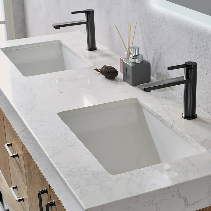Vinnova Alistair 60B" Double Vanity in North American Oak with White Grain Stone Countertop Without Mirror