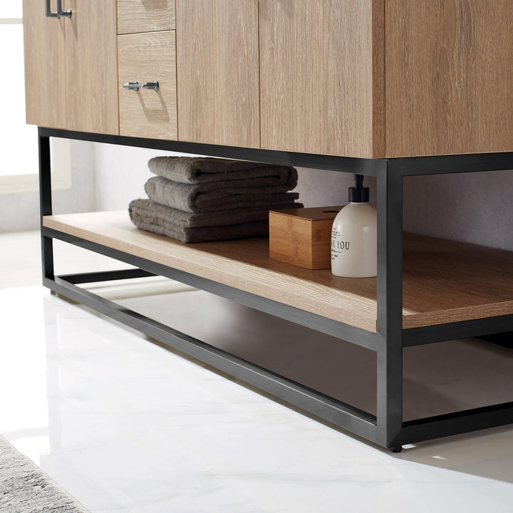 Vinnova Alistair 60B" Double Vanity in North American Oak with White Grain Stone Countertop Without Mirror