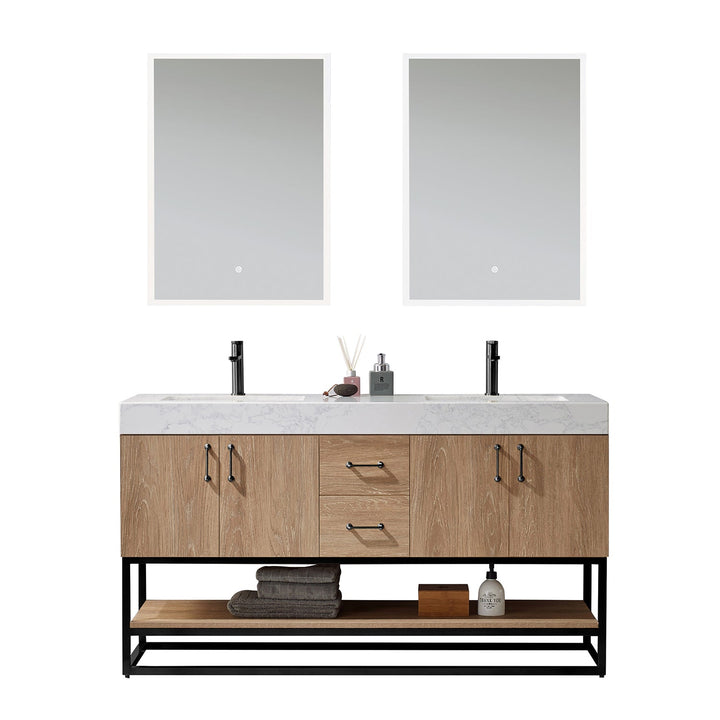 Vinnova Alistair 60B" Double Vanity in North American Oak with White Grain Stone Countertop With Mirror