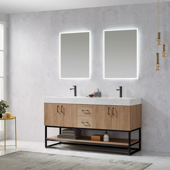 Vinnova Alistair 60B" Double Vanity in North American Oak with White Grain Stone Countertop With Mirror