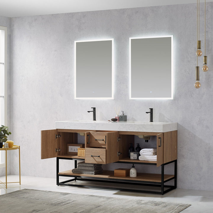 Vinnova Alistair 60B" Double Vanity in North American Oak with White Grain Stone Countertop With Mirror