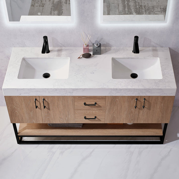 Vinnova Alistair 60B" Double Vanity in North American Oak with White Grain Stone Countertop With Mirror