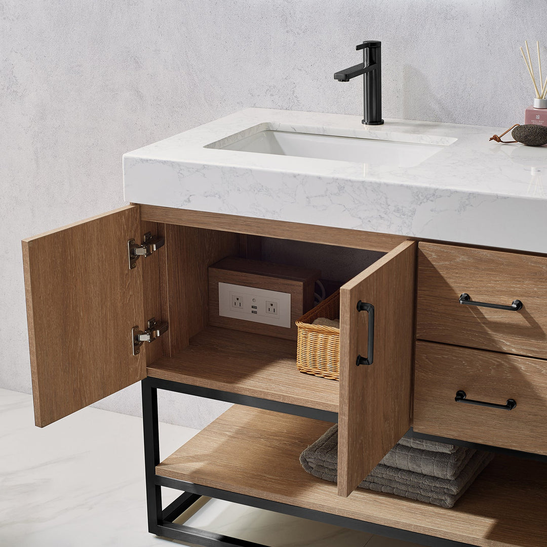 Vinnova Alistair 60B" Double Vanity in North American Oak with White Grain Stone Countertop With Mirror