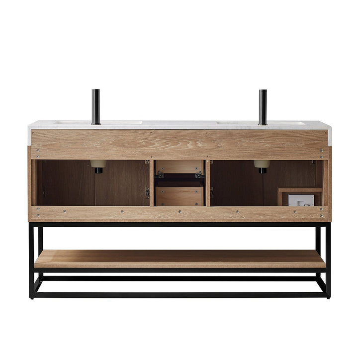 Vinnova Alistair 60B" Double Vanity in North American Oak with White Grain Stone Countertop With Mirror