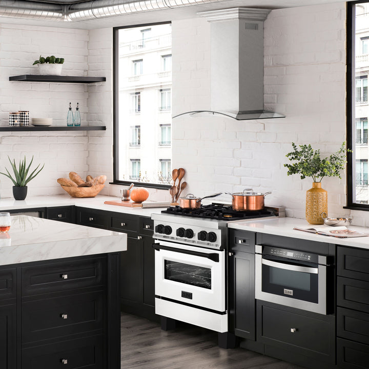 ZLINE 30" 4.0 cu. ft. Dual Fuel Range with Gas Stove and Electric Oven in Stainless Steel with White Matte Door and Accents (RAZ-WM-30-MB)