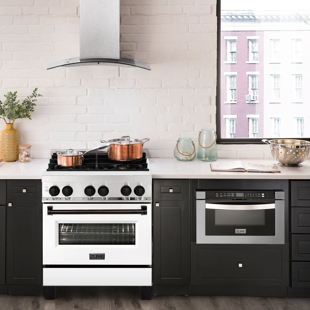 ZLINE 30" 4.0 cu. ft. Dual Fuel Range with Gas Stove and Electric Oven in Stainless Steel with White Matte Door and Accents (RAZ-WM-30-MB)