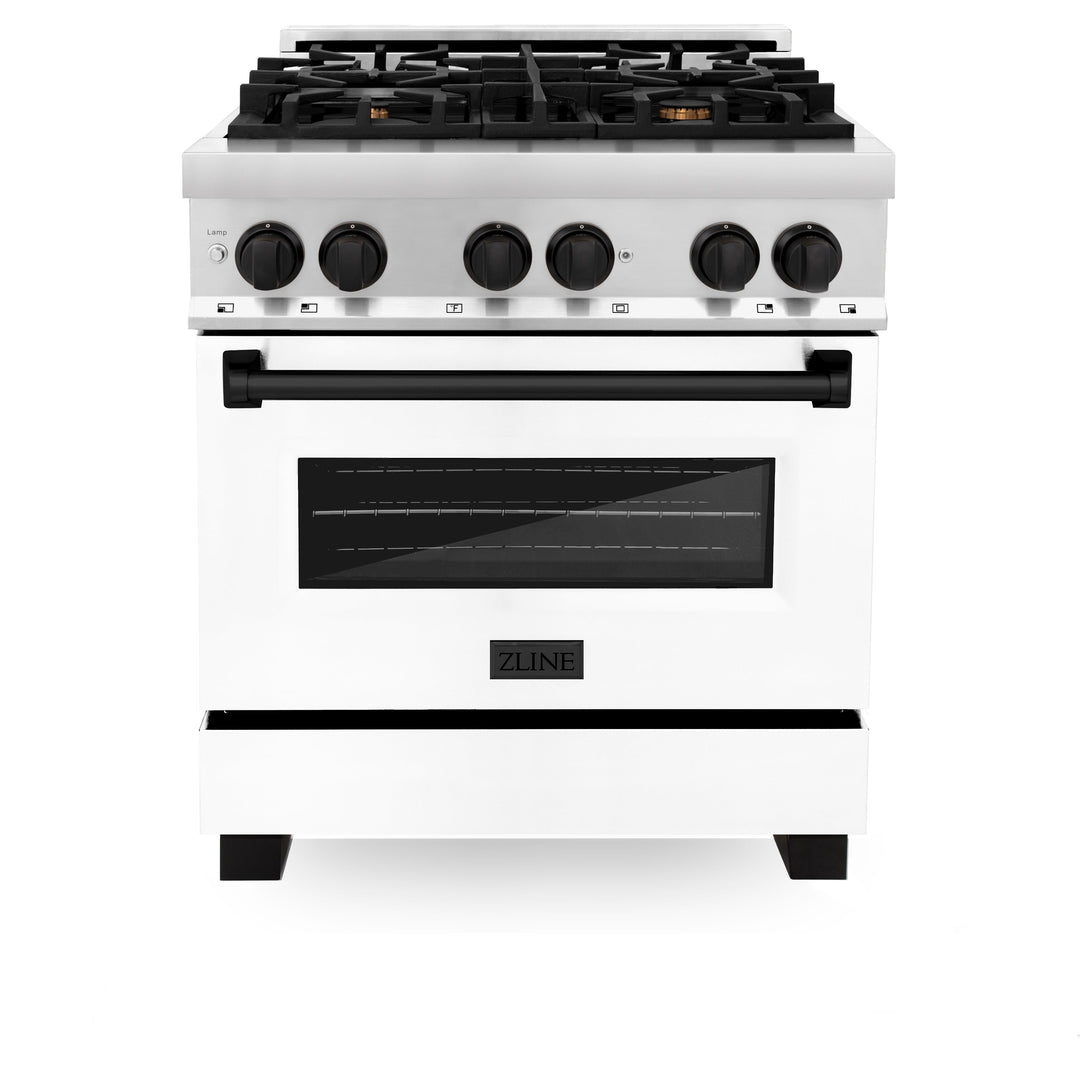 ZLINE 30" 4.0 cu. ft. Dual Fuel Range with Gas Stove and Electric Oven in Stainless Steel with White Matte Door and Accents (RAZ-WM-30-MB)