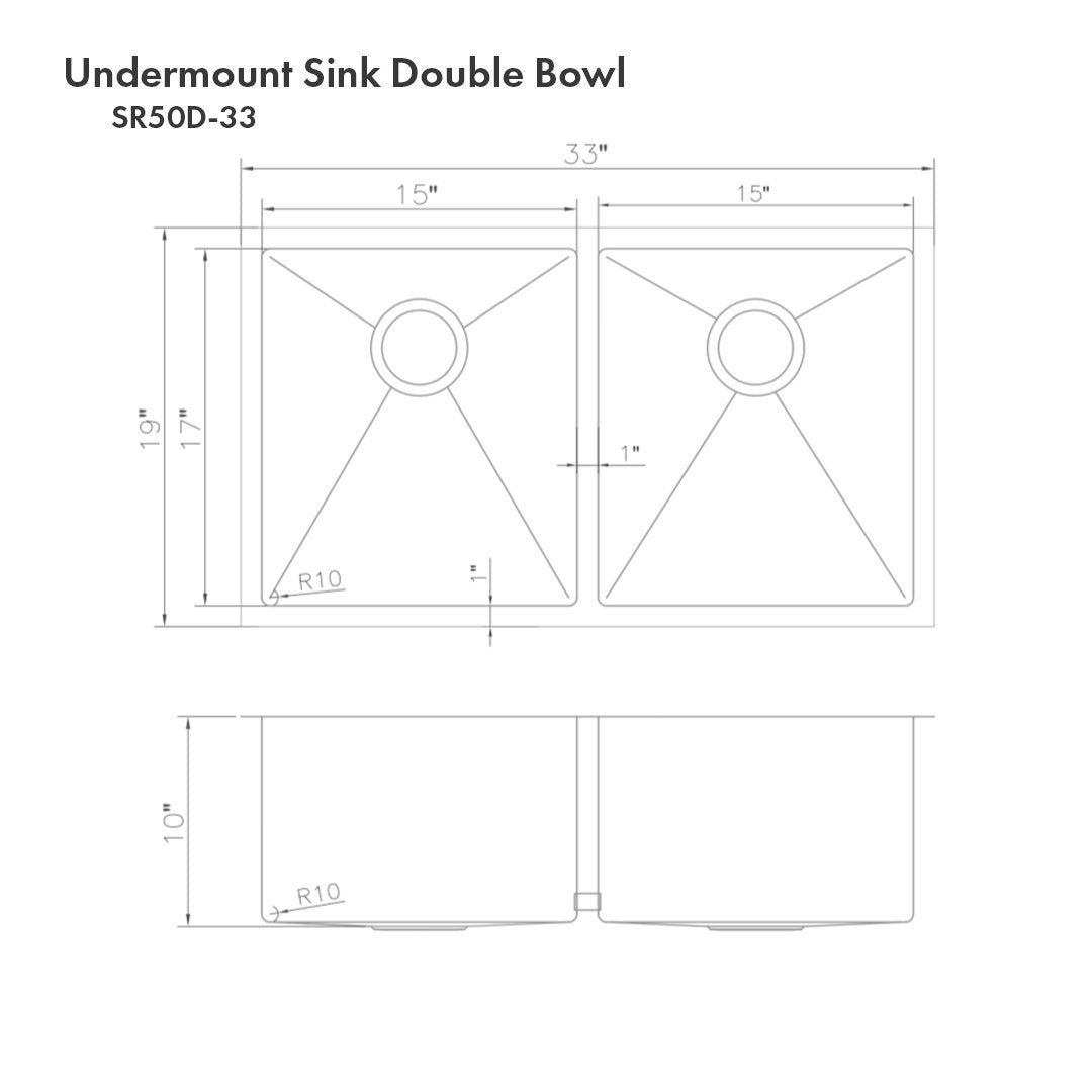 ZLINE Anton 33 Inch Undermount Double Bowl Sink in DuraSnow® Stainless Steel (SR50D-33S)