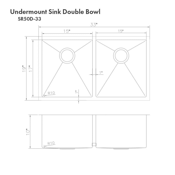 ZLINE Anton 33 Inch Undermount Double Bowl Sink in DuraSnow® Stainless Steel (SR50D-33S)